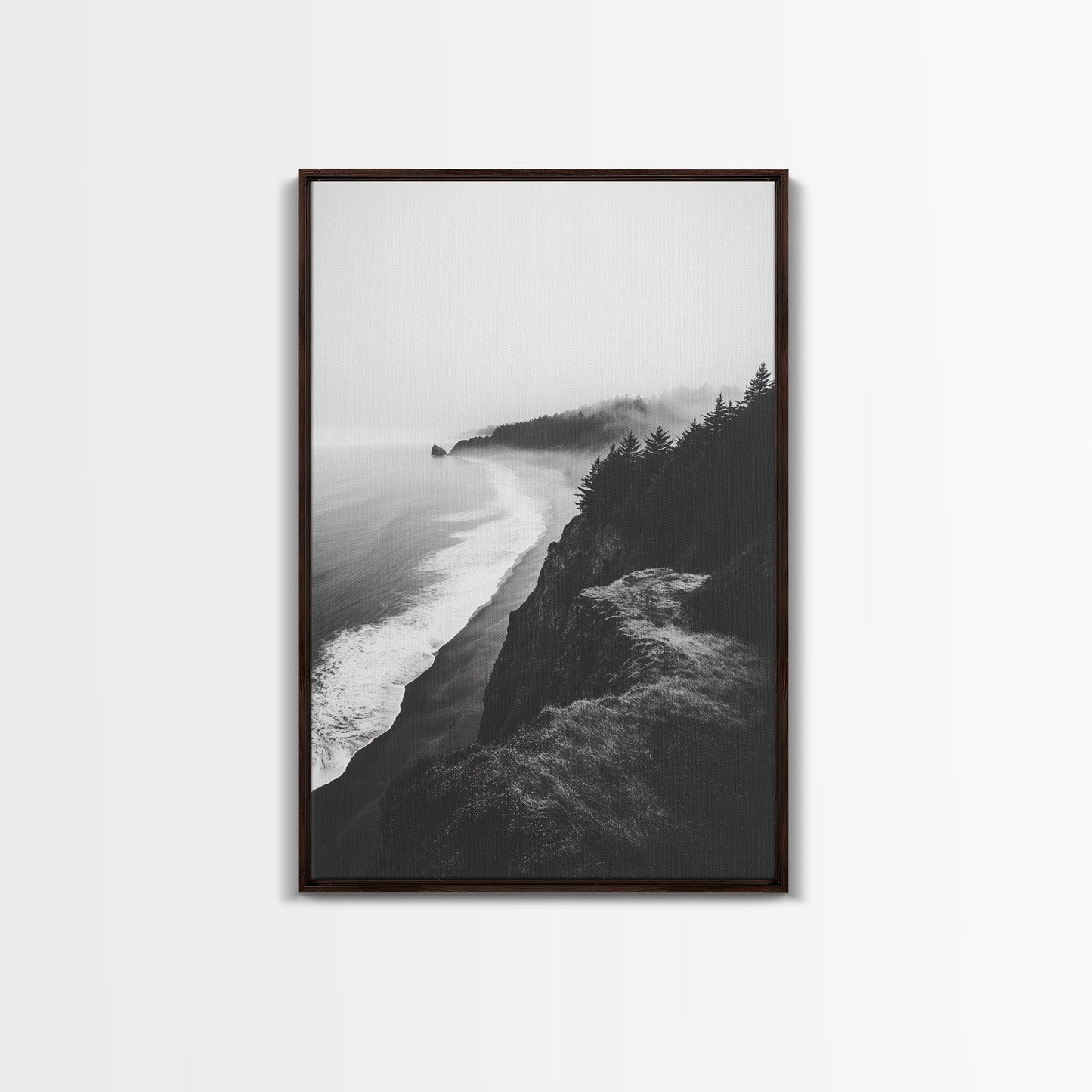 Misty Coastline, Pine Forest, Foggy Morning, Framed Canvas Print, Moody Nature Decor, Living Room Wall Art, Monochrome Style Dark Brown Floater