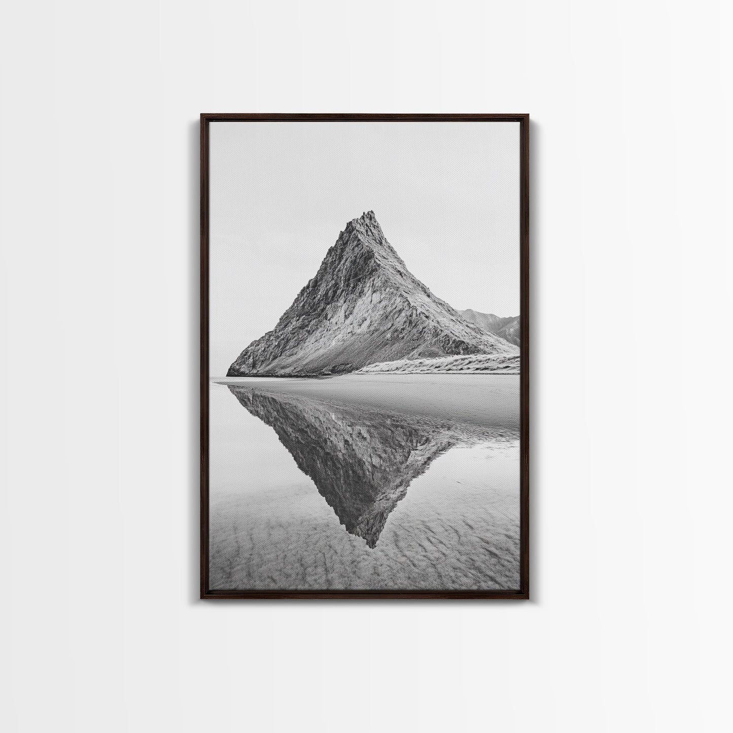Mountain Mirror, Coastal Peak, Serene Beach, Canvas Print, Minimalist Landscape Art, Modern Living Room Wall Decor, Monochrome Nature Style Dark Brown Floater