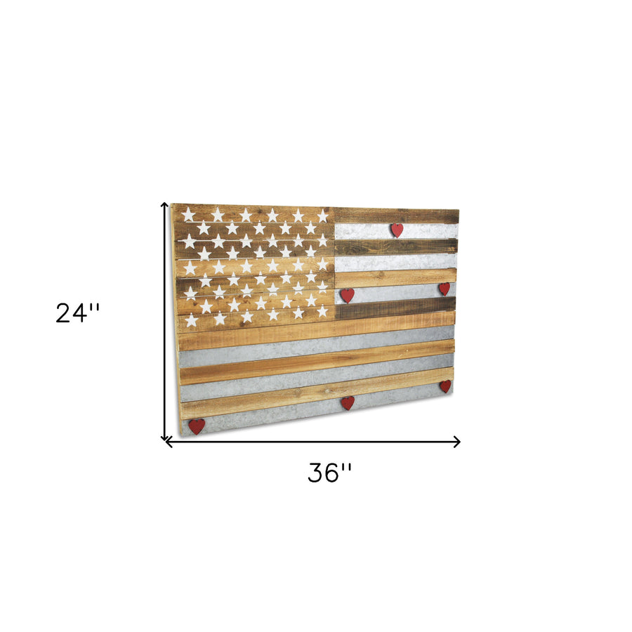 24" X 36" Brown and Gray Stars And Stripes Wood and Metal Hanging Dimensional Sculpture