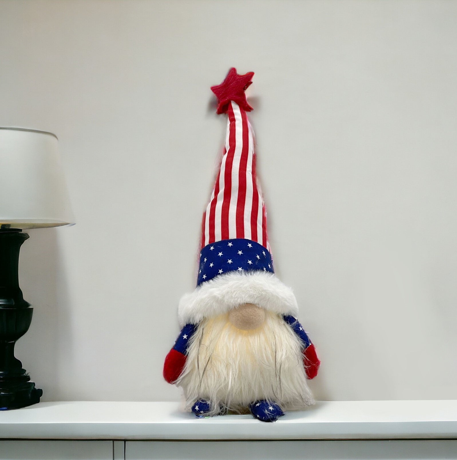14" Red White and Blue Fabric Independence Day Standing Gnome Tabletop Sculpture with LED