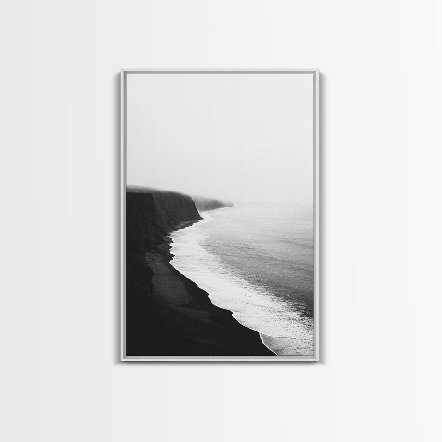 Cliff Coast, Mist Horizon, Monochrome Sea, Rugged Beauty, Canvas Print, Living Room Wall Art, Coastal Modern Style, Minimalist Ocean Scene White Frame