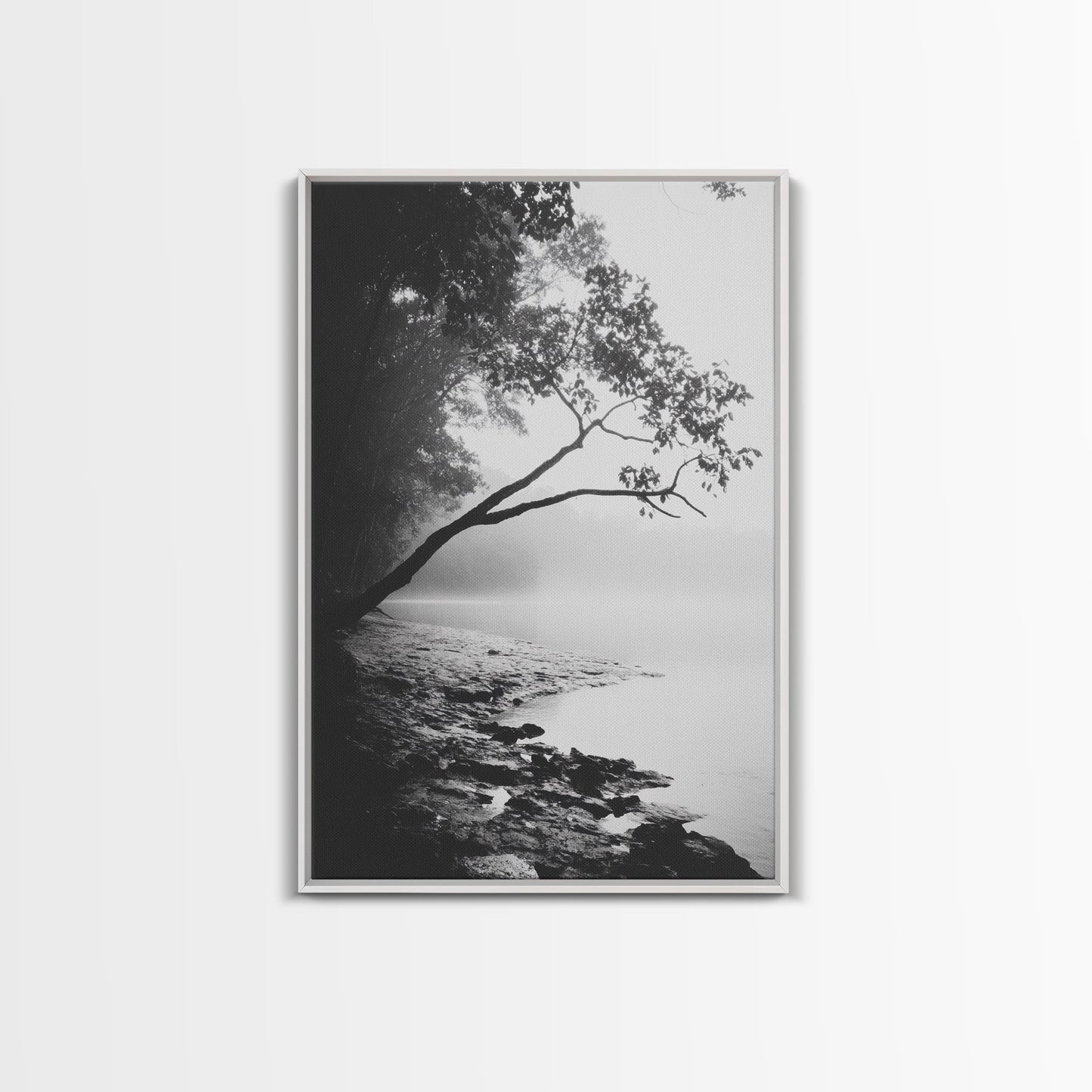 Misty Tree, Shoreline Fog, Forest Edge, Moody Atmosphere, Framed Canvas Print, Bedroom Wall Art, Autumn Woodland Style, Serene Nature Decor White Floater