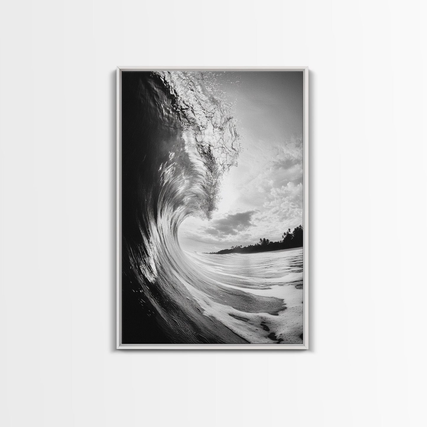 Ocean Wave Curl, Sea Barrel Art, Surf Power Print, Framed Canvas Print, Bathroom Wall Art, Modern Beach Decor, Black White Seascape White Floater