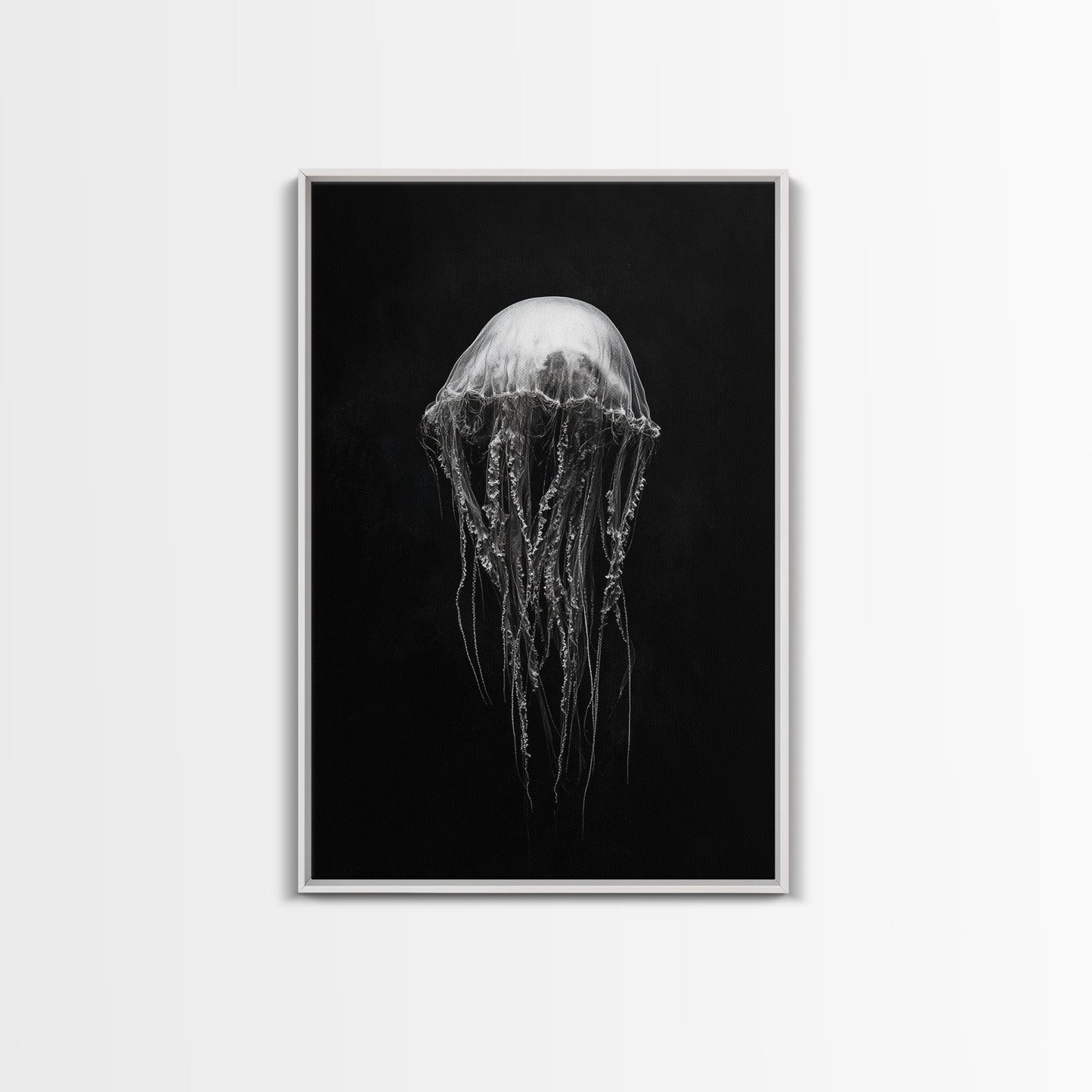 Elegant Jellyfish Art, Ocean Wildlife, Monochrome Marine, Framed Canvas Print, Bathroom Decor, Nautical Wall Art, Minimalist Sea Life White Floater