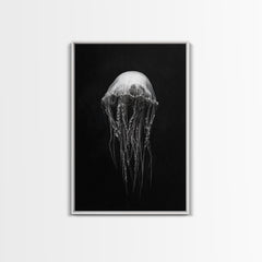 Elegant Jellyfish Art, Ocean Wildlife, Monochrome Marine, Framed Canvas Print, Bathroom Decor, Nautical Wall Art, Minimalist Sea Life White Frame