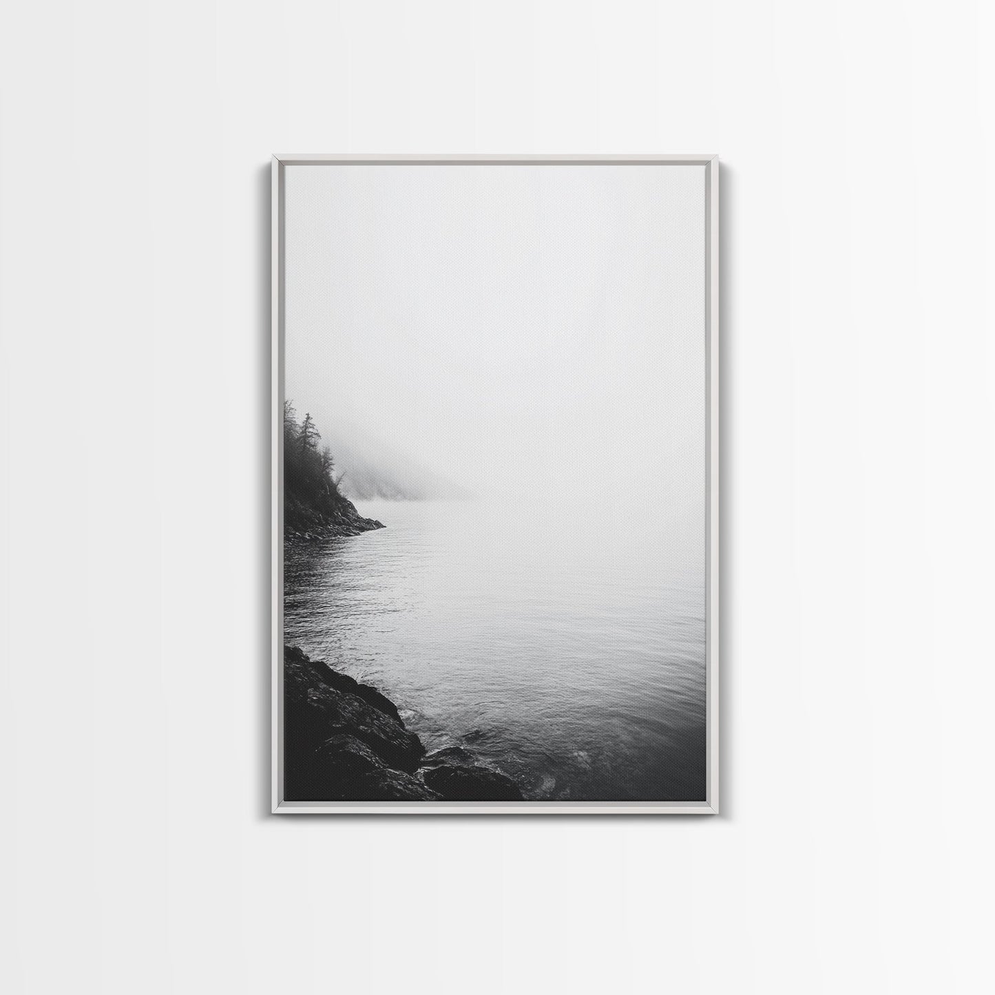 Misty Lakeshore, Foggy Forest Water, Monochrome Tranquility, Framed Canvas Print, Minimalist Art, Calm Landscape, Bedroom Wall Decor White Floater