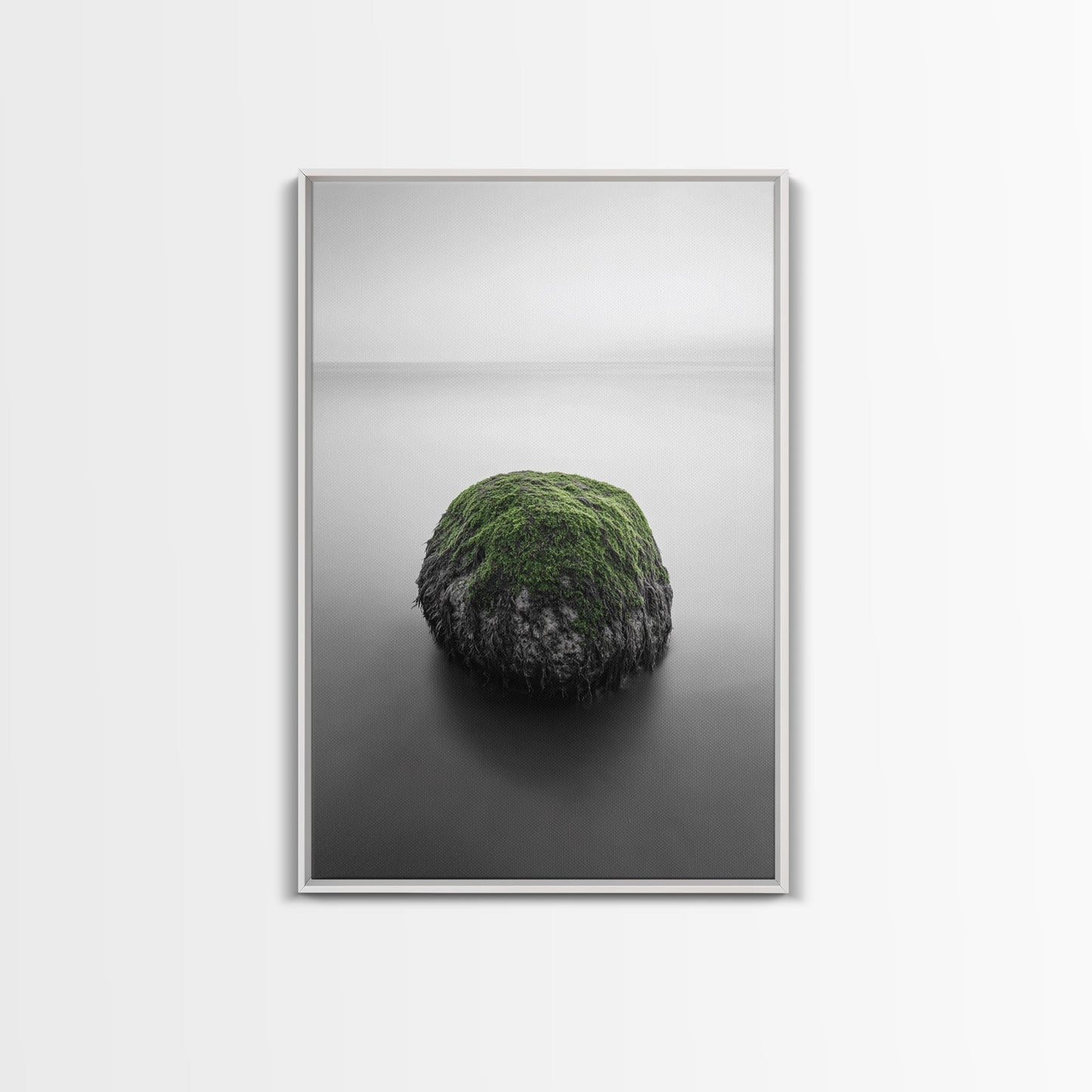 Moss Rock Minimal, Green Accent Art, Coastal Zen Decor, Framed Canvas Print, Modern Neutral Room, Nature Wall Aesthetic White Floater