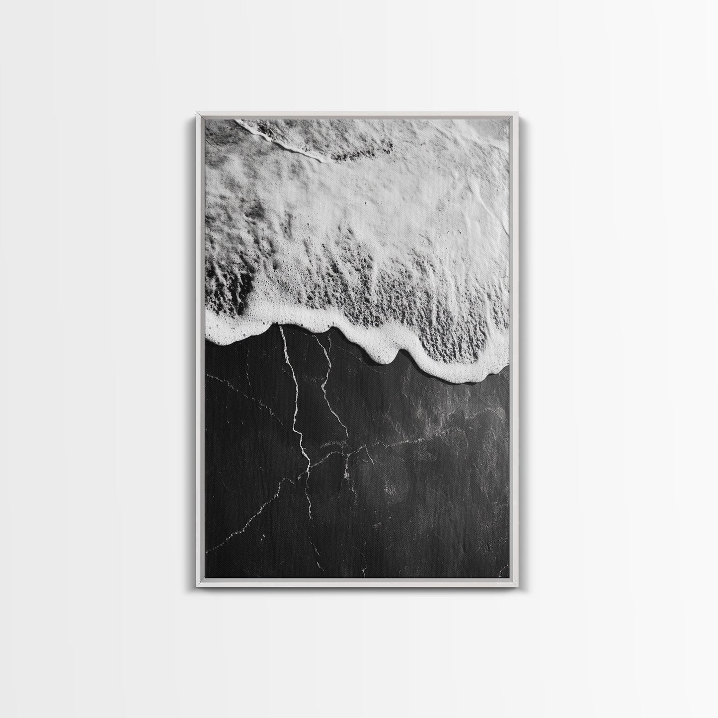 Wave Edge, Cracked Earth, Tide Meets Stone, Nature Contrast, Canvas Print, Abstract Ocean Art, Minimalist Wall Decor, Bathroom Artwork White Floater