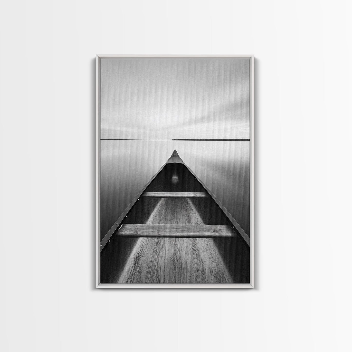 Canoe, Lake, Calm, Horizon - Minimalist lake paddle scene, Framed Canvas Print, peaceful home office art, Scandinavian decor, wilderness print White Floater