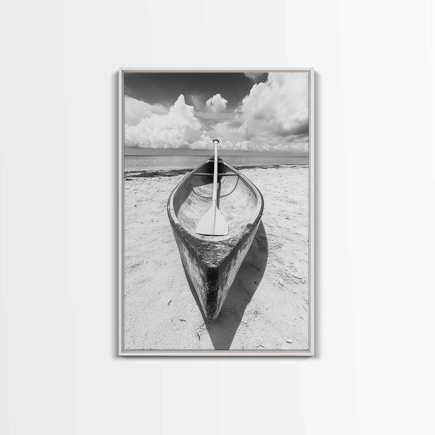 Paddle, Canoe, Beach, Clouds - Summer boating scene, Canvas Print, ideal bathroom or guestroom nautical art, rustic coastal boho wall decor White Floater