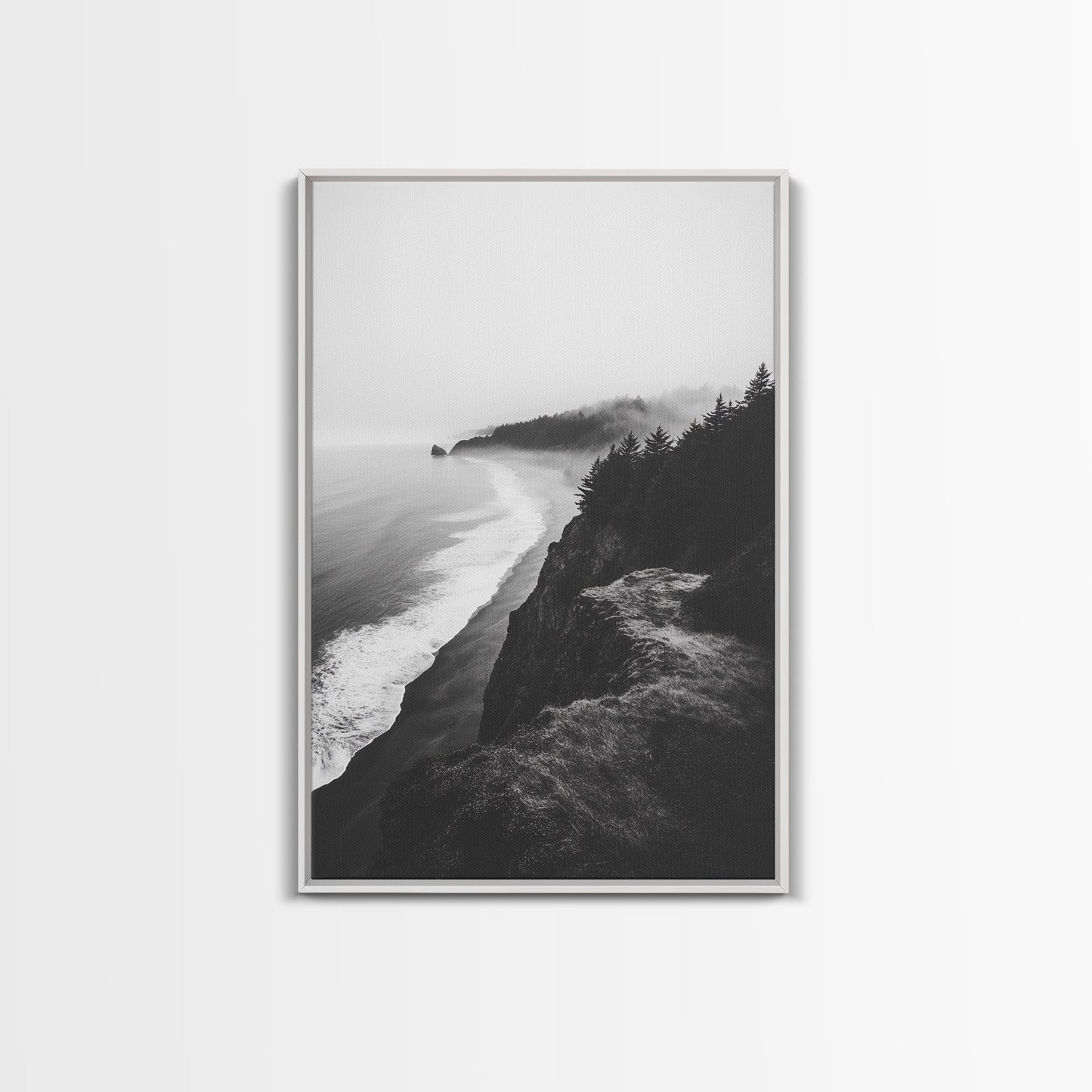 Misty Coastline, Pine Forest, Foggy Morning, Framed Canvas Print, Moody Nature Decor, Living Room Wall Art, Monochrome Style White Floater