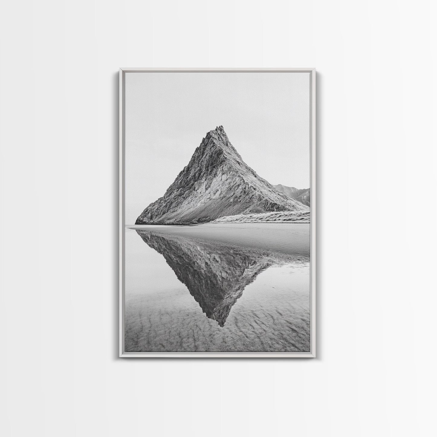 Mountain Mirror, Coastal Peak, Serene Beach, Canvas Print, Minimalist Landscape Art, Modern Living Room Wall Decor, Monochrome Nature Style White Floater