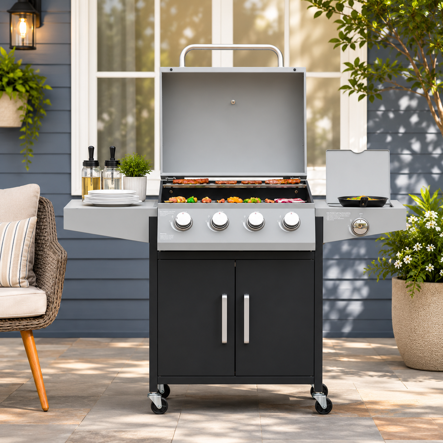 52" Barbecue Grill with Wheels, 4+1 Burner Liquid Propane Gas Grill in Silver