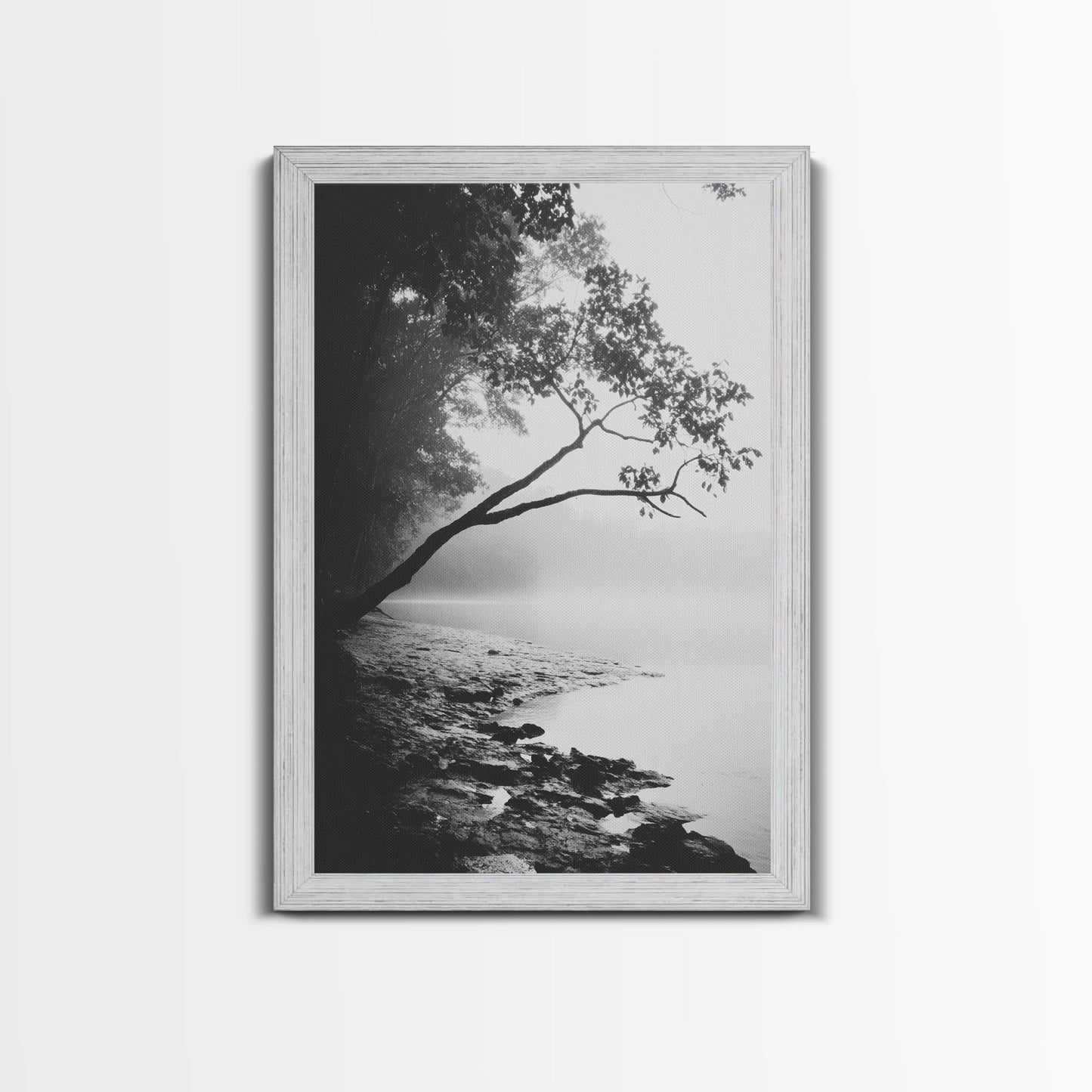 Misty Tree, Shoreline Fog, Forest Edge, Moody Atmosphere, Framed Canvas Print, Bedroom Wall Art, Autumn Woodland Style, Serene Nature Decor Shabby Chic Barnwood