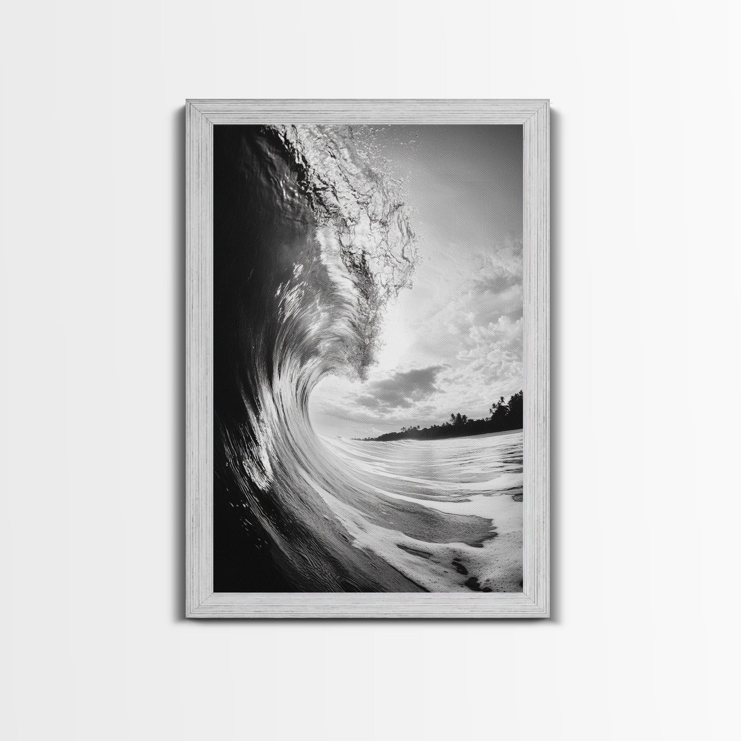 Ocean Wave Curl, Sea Barrel Art, Surf Power Print, Framed Canvas Print, Bathroom Wall Art, Modern Beach Decor, Black White Seascape Shabby Chic Barnwood