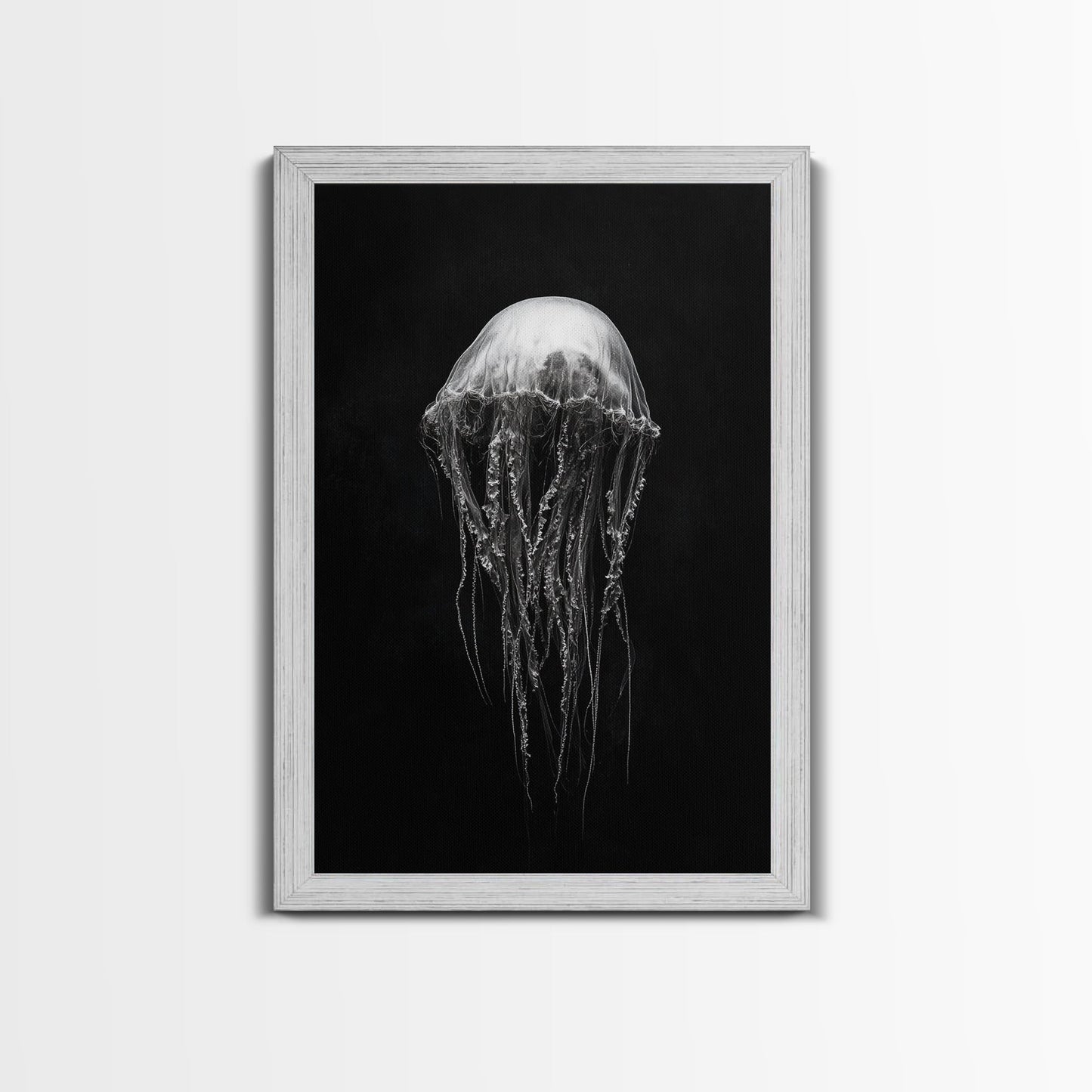 Elegant Jellyfish Art, Ocean Wildlife, Monochrome Marine, Framed Canvas Print, Bathroom Decor, Nautical Wall Art, Minimalist Sea Life Shabby Chic Barnwood