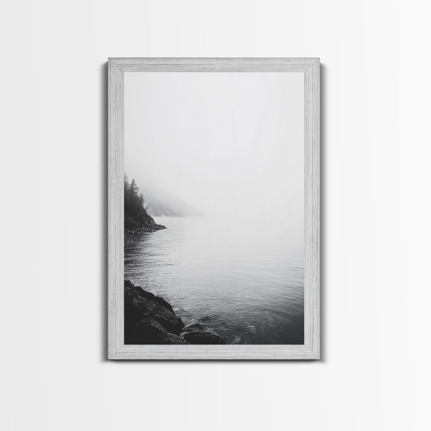 Misty Lakeshore, Foggy Forest Water, Monochrome Tranquility, Framed Canvas Print, Minimalist Art, Calm Landscape, Bedroom Wall Decor Shabby Chic Barnwood