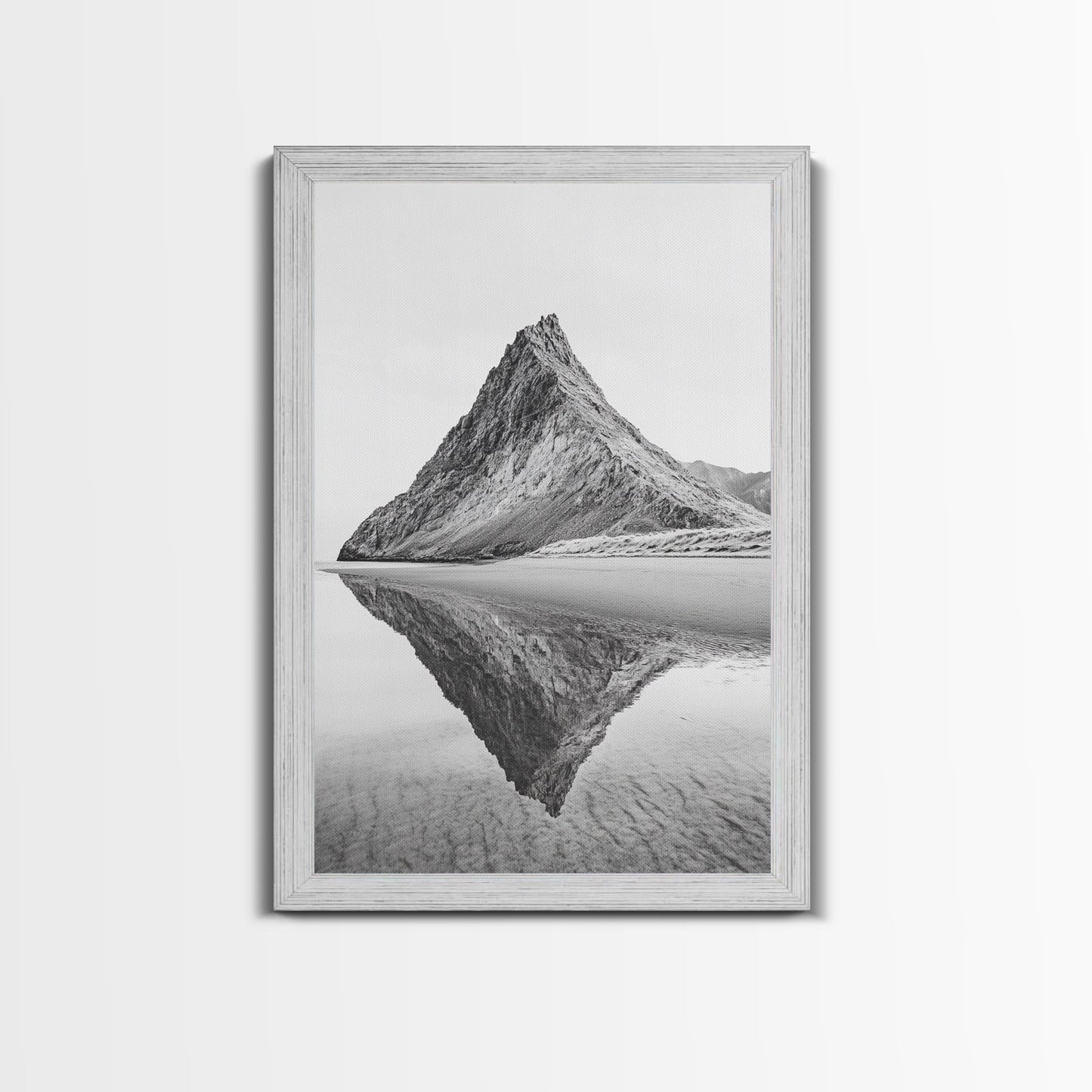 Mountain Mirror, Coastal Peak, Serene Beach, Canvas Print, Minimalist Landscape Art, Modern Living Room Wall Decor, Monochrome Nature Style Shabby Chic Barnwood