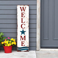 36" Red White And Blue Americana Solid Wood Welcome Reversible Porch Sign