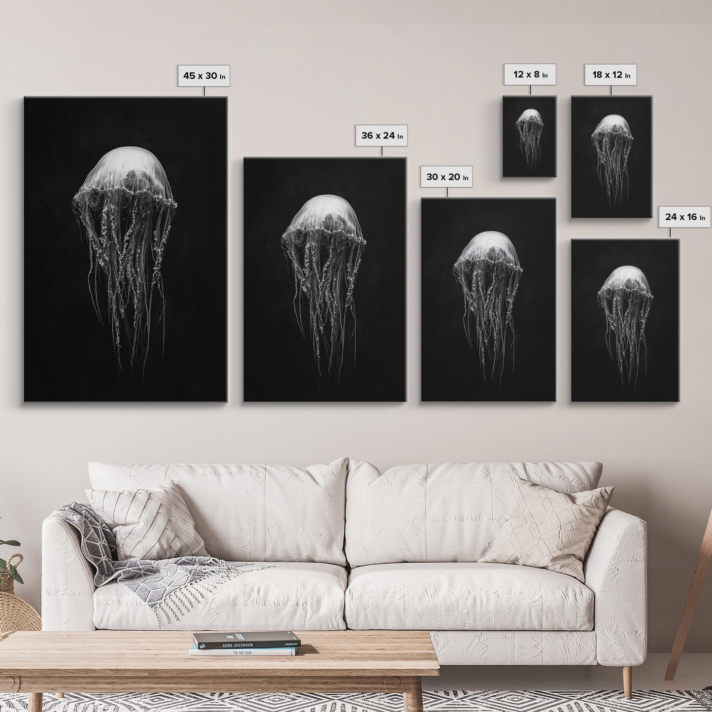 Elegant Jellyfish Art, Ocean Wildlife, Monochrome Marine, Framed Canvas Print, Bathroom Decor, Nautical Wall Art, Minimalist Sea Life