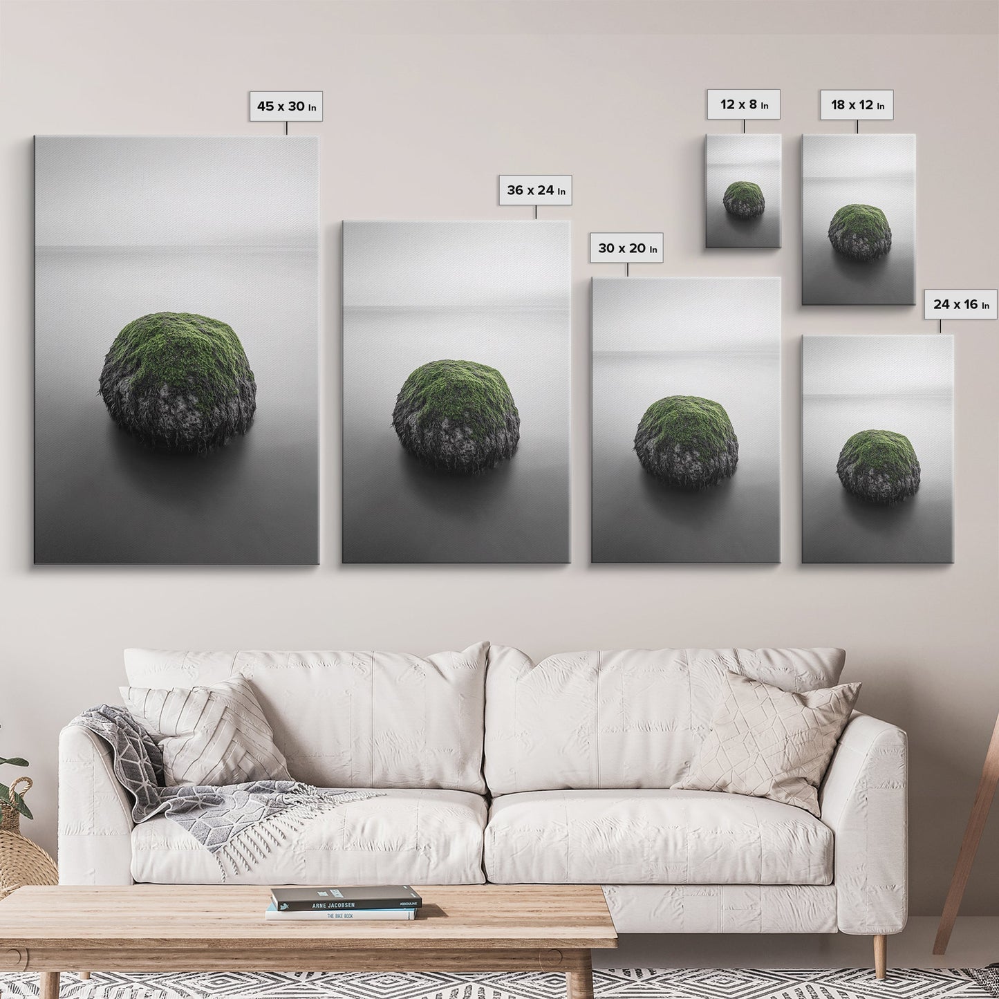Moss Rock Minimal, Green Accent Art, Coastal Zen Decor, Framed Canvas Print, Modern Neutral Room, Nature Wall Aesthetic