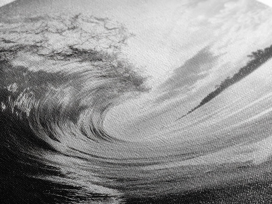 Ocean Wave Curl, Sea Barrel Art, Surf Power Print, Framed Canvas Print, Bathroom Wall Art, Modern Beach Decor, Black White Seascape