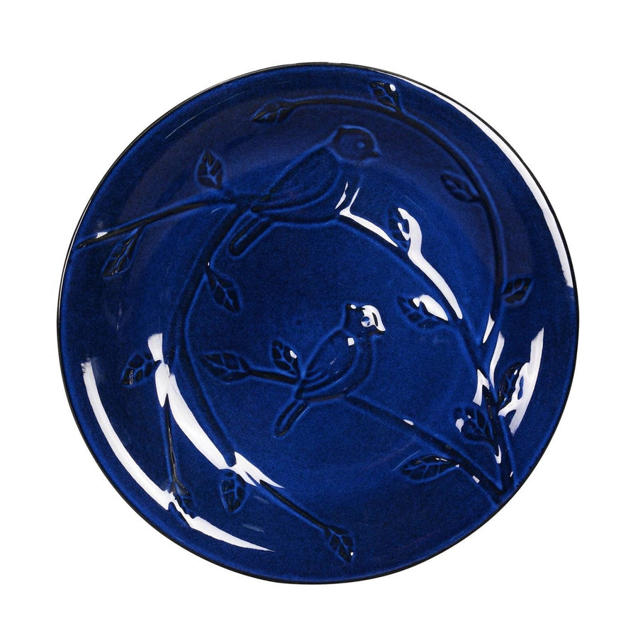 Blue Ceramic Birdbath with 1/2 Gallon Water Basin and Bird Branch Leaf Detailing
