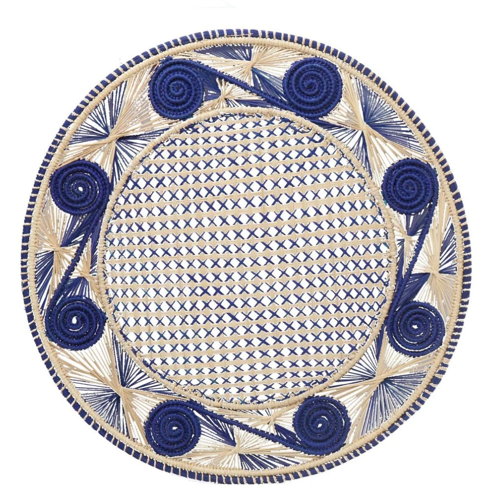 Caracol Handwoven Iraca Placemat Natural Palm with Color Accents Navy Blue