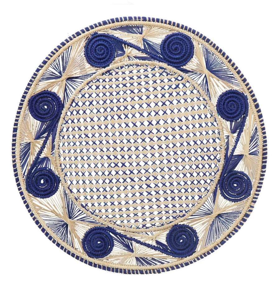 Caracol Handwoven Iraca Placemat Natural Palm with Color Accents Navy Blue