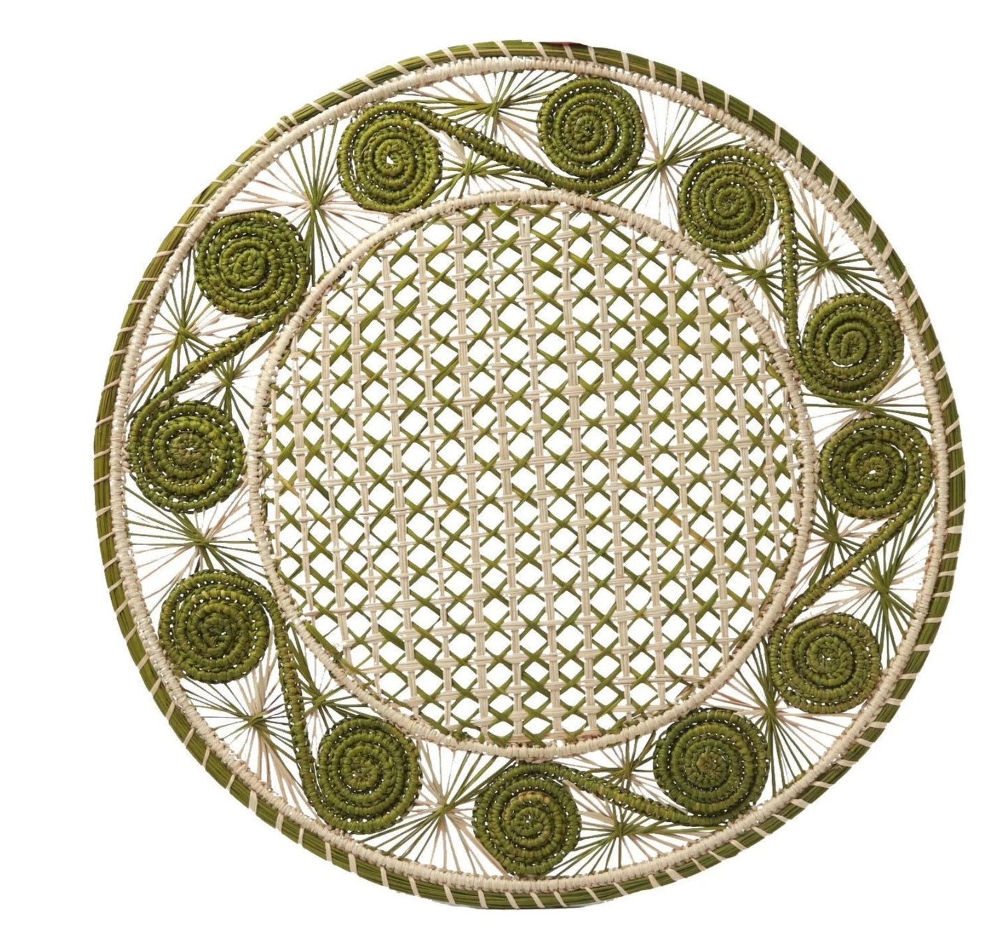 Caracol Handwoven Iraca Placemat Natural Palm with Color Accents Dark Green