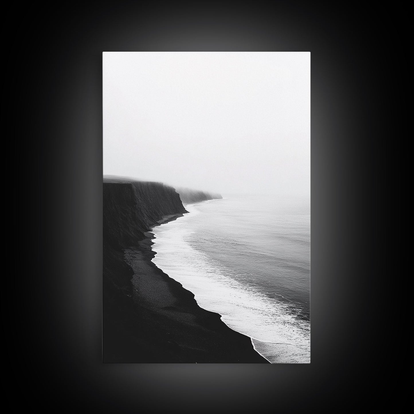 Cliff Coast, Mist Horizon, Monochrome Sea, Rugged Beauty, Canvas Print, Living Room Wall Art, Coastal Modern Style, Minimalist Ocean Scene