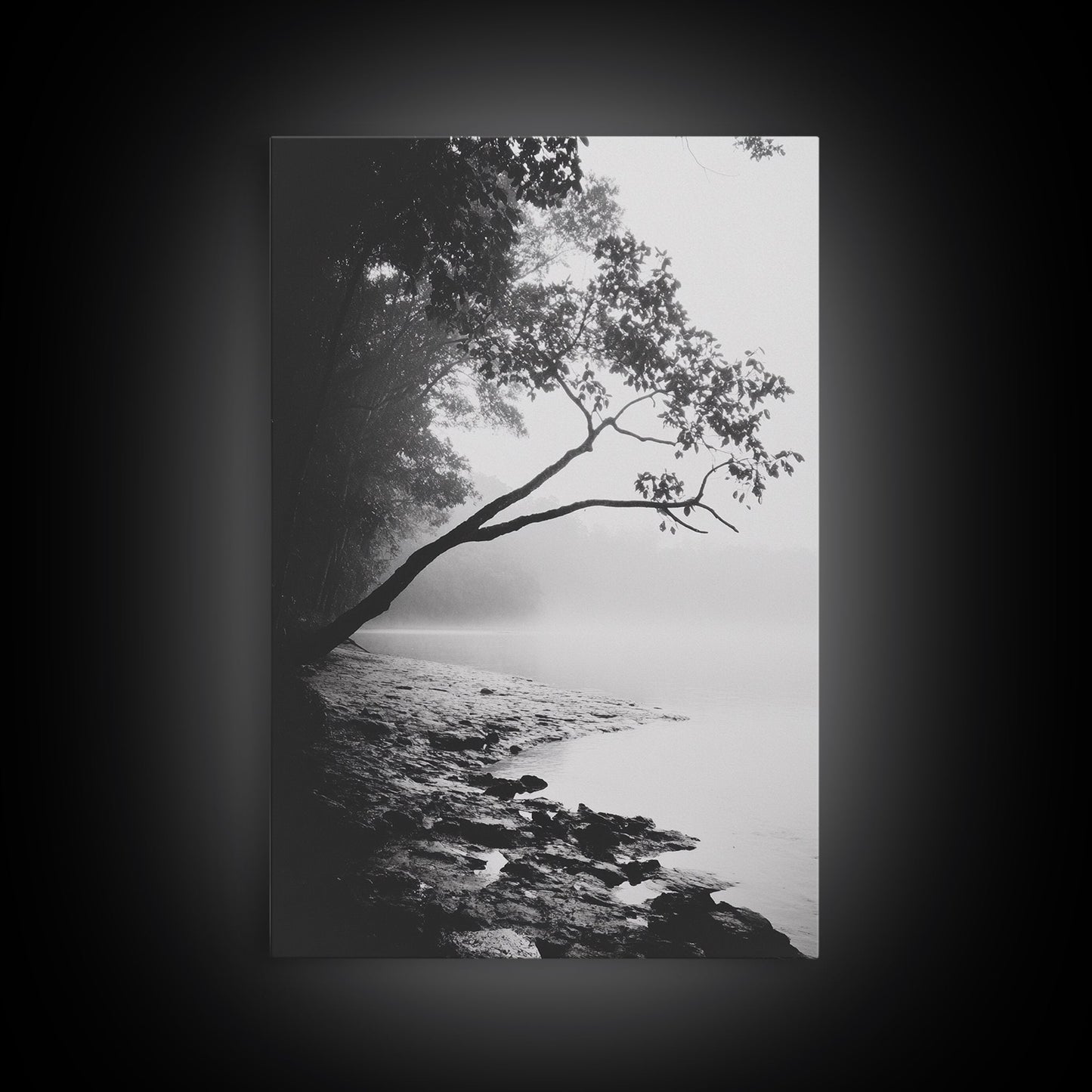 Misty Tree, Shoreline Fog, Forest Edge, Moody Atmosphere, Framed Canvas Print, Bedroom Wall Art, Autumn Woodland Style, Serene Nature Decor