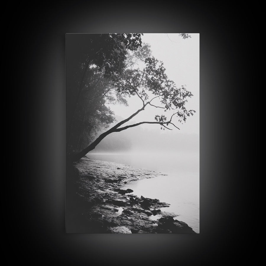 Misty Tree, Shoreline Fog, Forest Edge, Moody Atmosphere, Framed Canvas Print, Bedroom Wall Art, Autumn Woodland Style, Serene Nature Decor