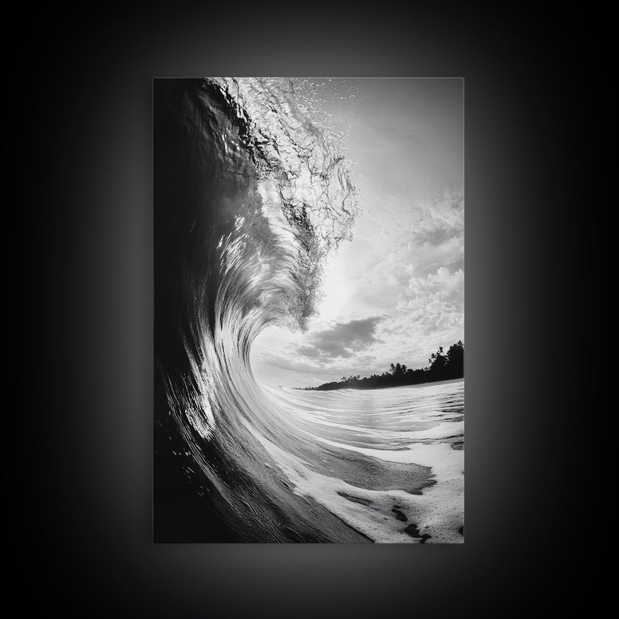 Ocean Wave Curl, Sea Barrel Art, Surf Power Print, Framed Canvas Print, Bathroom Wall Art, Modern Beach Decor, Black White Seascape