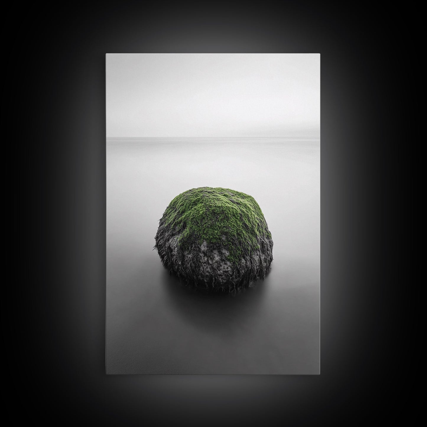 Moss Rock Minimal, Green Accent Art, Coastal Zen Decor, Framed Canvas Print, Modern Neutral Room, Nature Wall Aesthetic
