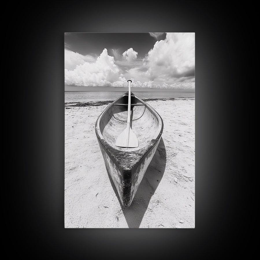 Paddle, Canoe, Beach, Clouds - Summer boating scene, Canvas Print, ideal bathroom or guestroom nautical art, rustic coastal boho wall decor