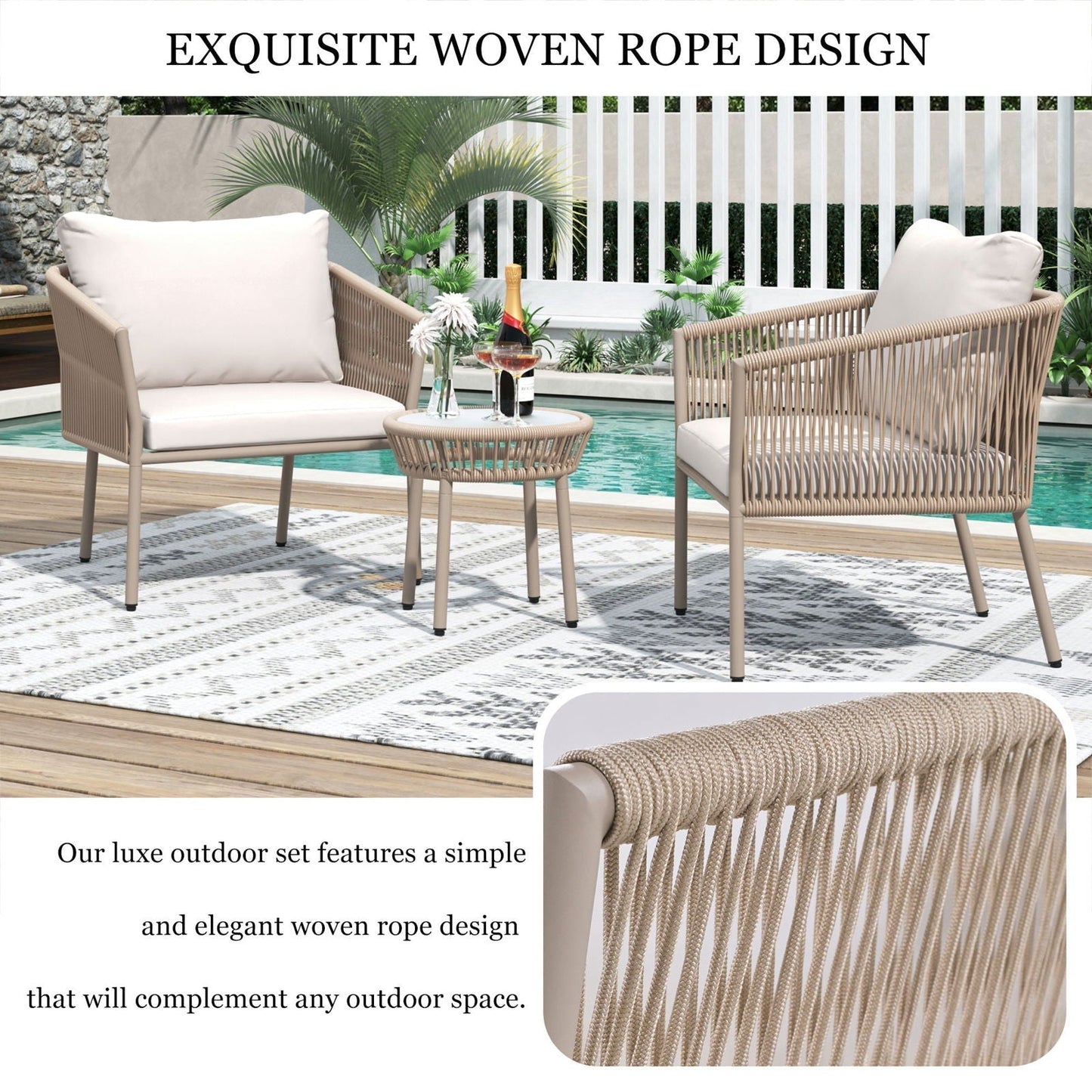 Elegant Rope-Woven Steel Outdoor Lounge Set with Tempered Glass Table