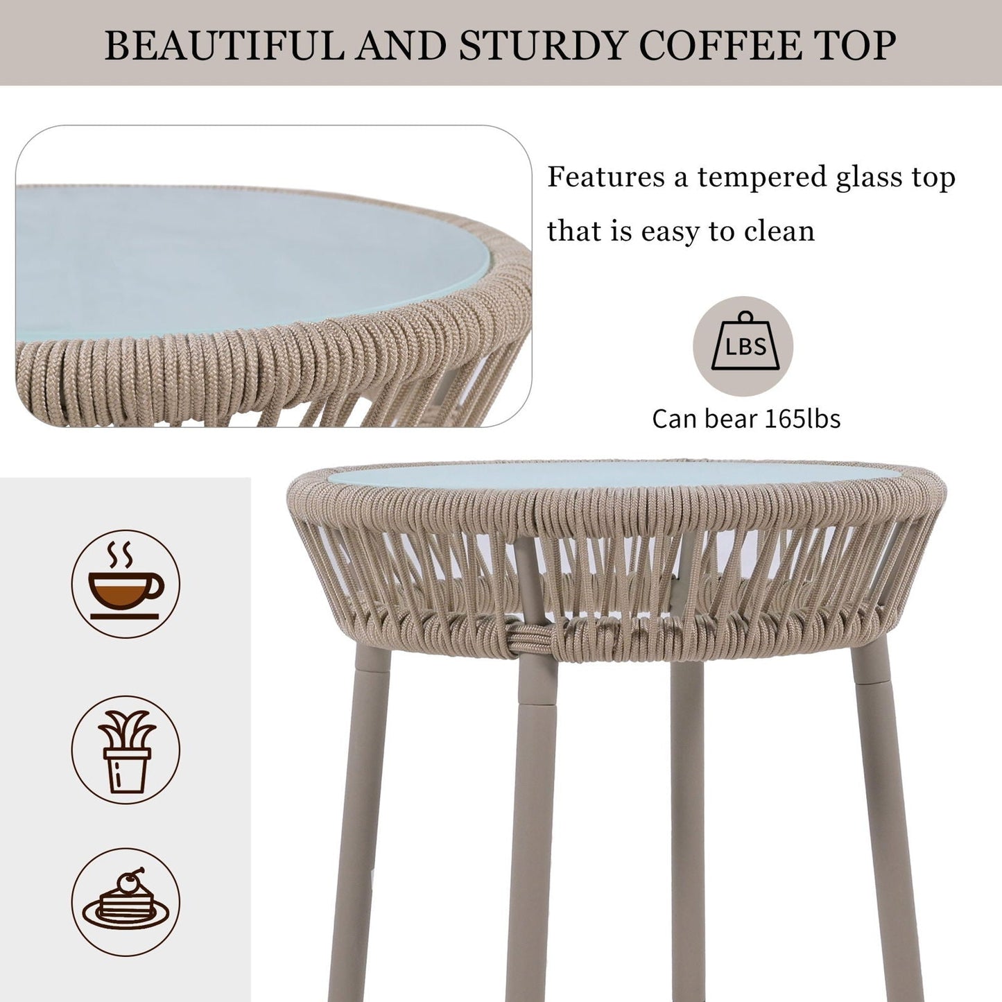 Elegant Rope-Woven Steel Outdoor Lounge Set with Tempered Glass Table
