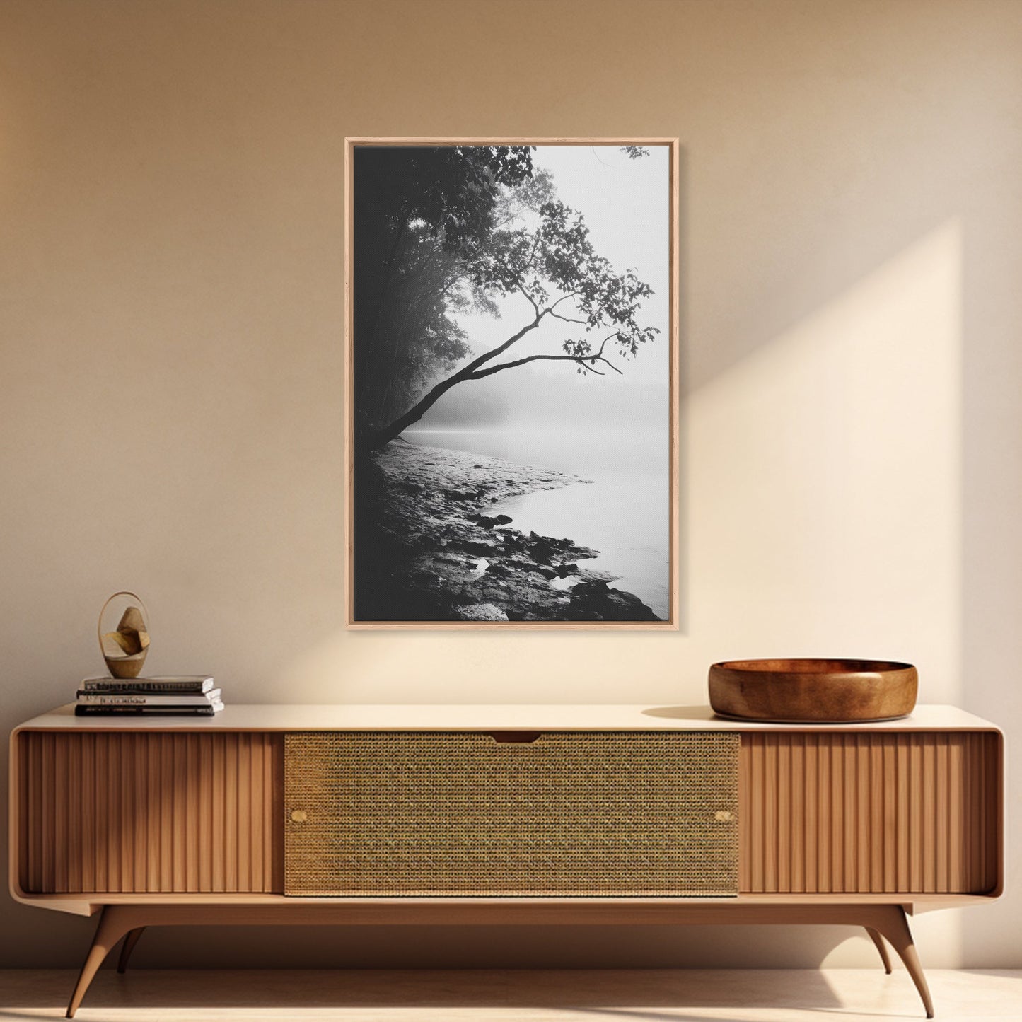 Misty Tree, Shoreline Fog, Forest Edge, Moody Atmosphere, Framed Canvas Print, Bedroom Wall Art, Autumn Woodland Style, Serene Nature Decor