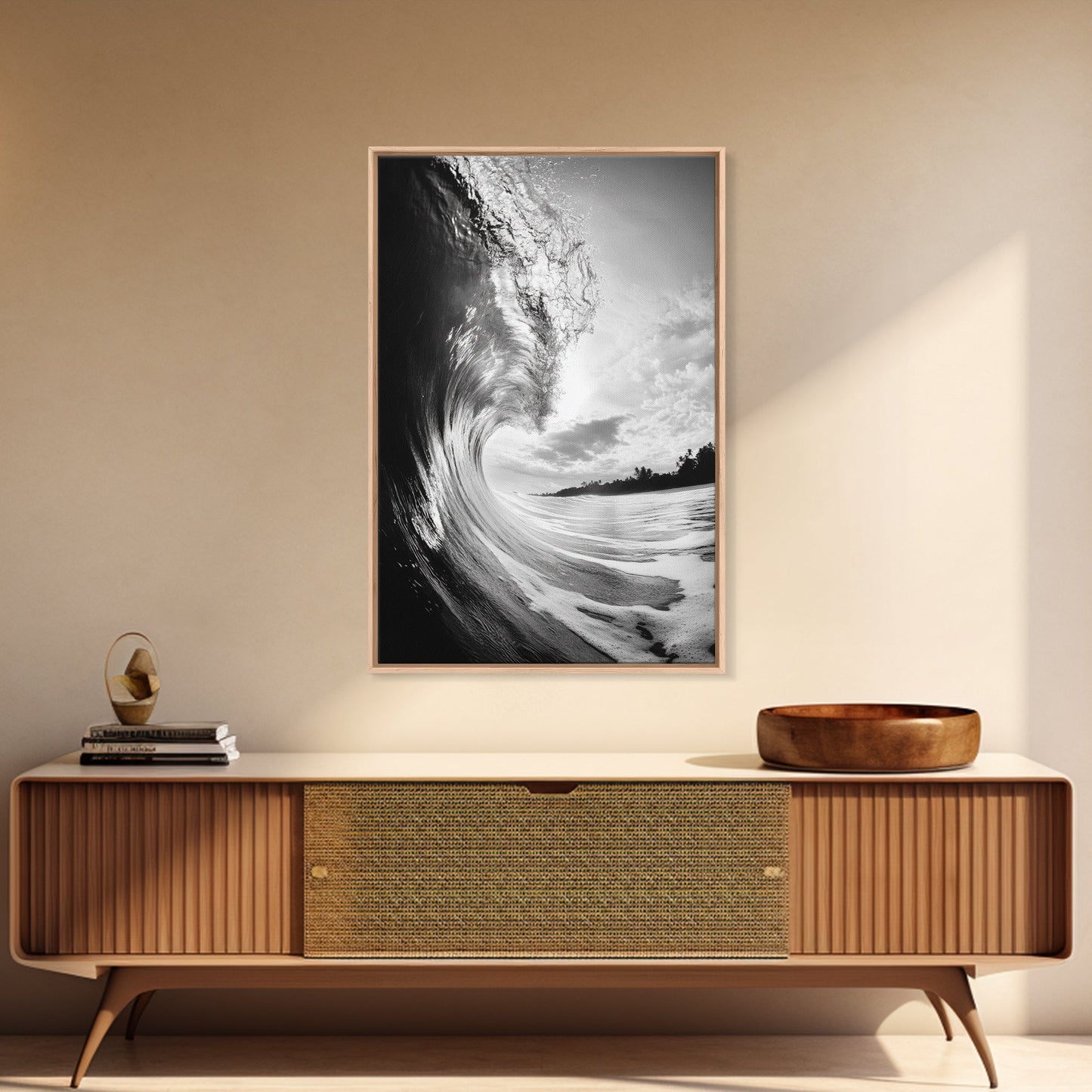 Ocean Wave Curl, Sea Barrel Art, Surf Power Print, Framed Canvas Print, Bathroom Wall Art, Modern Beach Decor, Black White Seascape