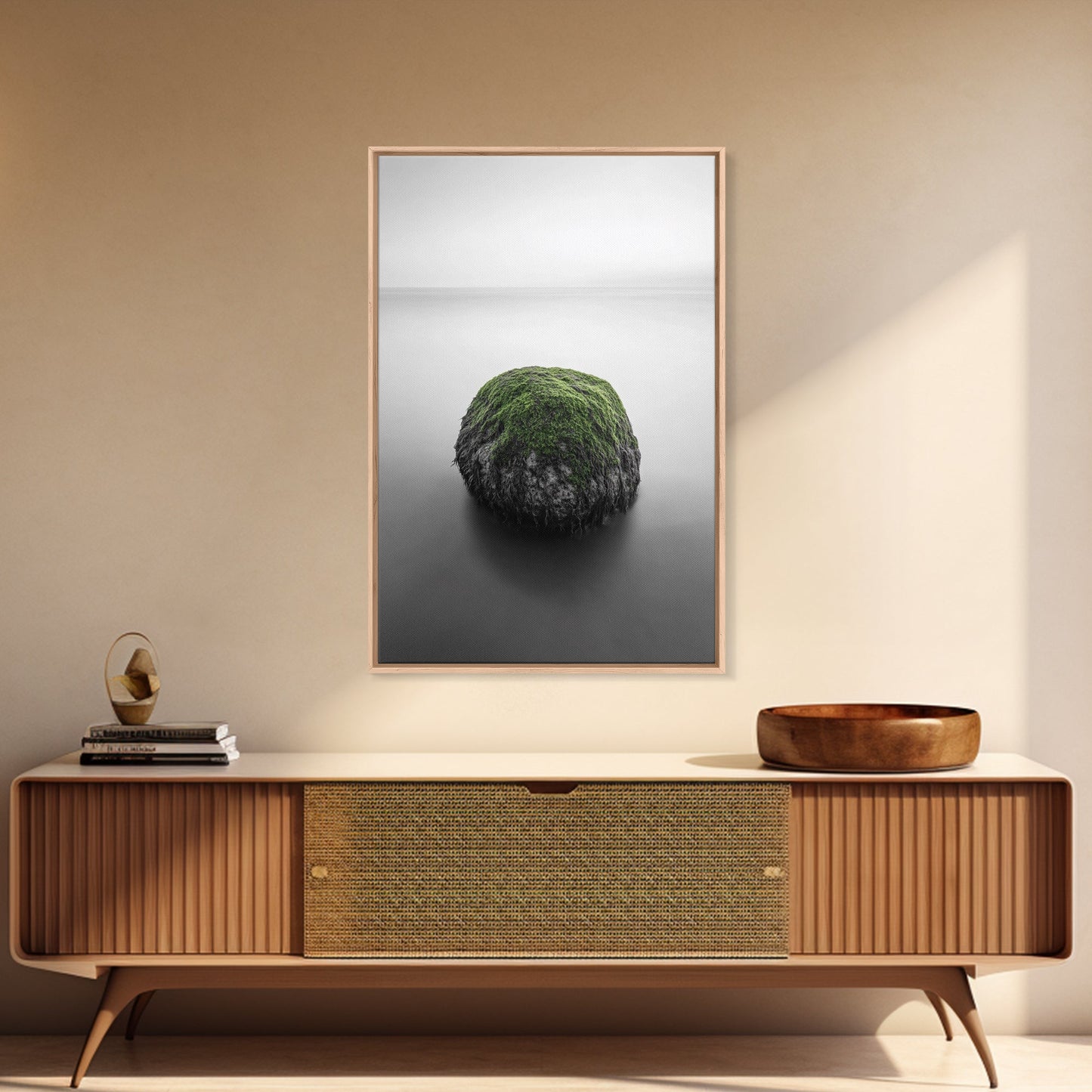 Moss Rock Minimal, Green Accent Art, Coastal Zen Decor, Framed Canvas Print, Modern Neutral Room, Nature Wall Aesthetic