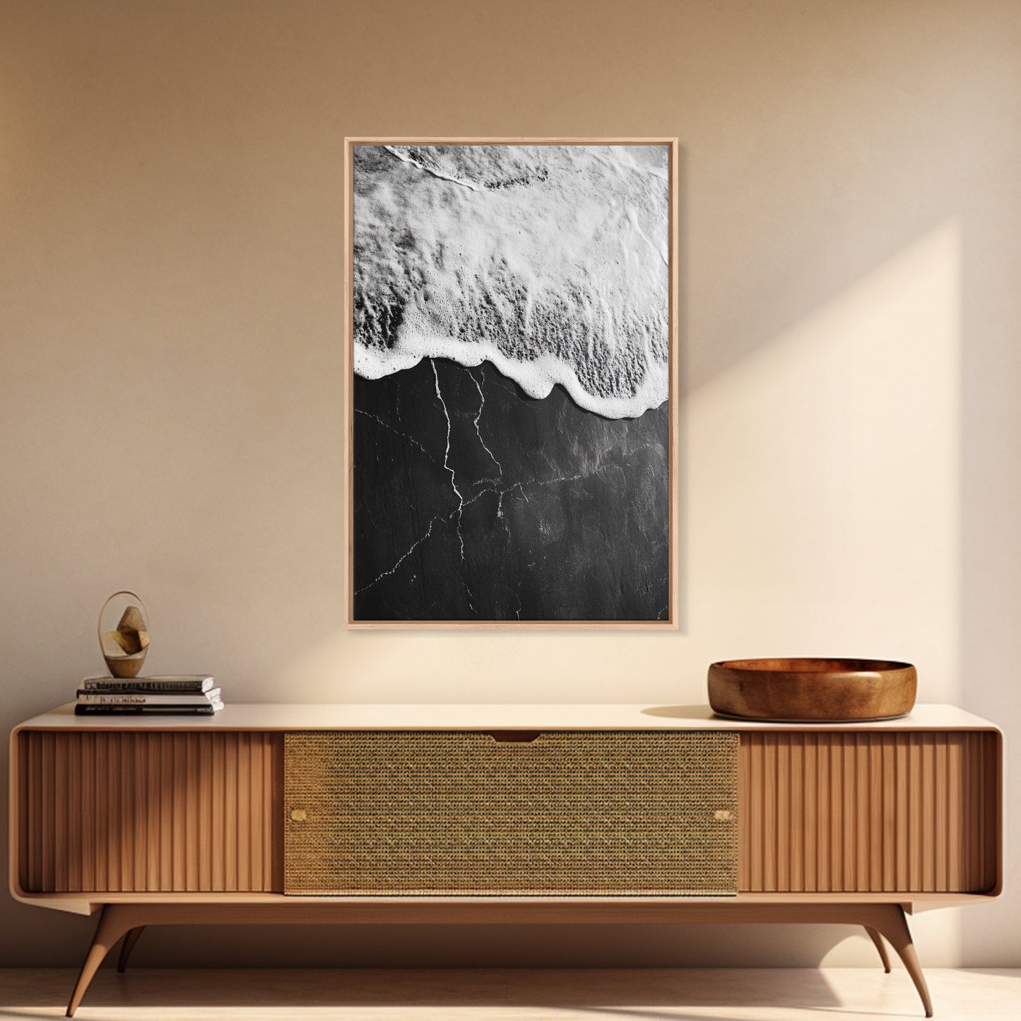 Wave Edge, Cracked Earth, Tide Meets Stone, Nature Contrast, Canvas Print, Abstract Ocean Art, Minimalist Wall Decor, Bathroom Artwork
