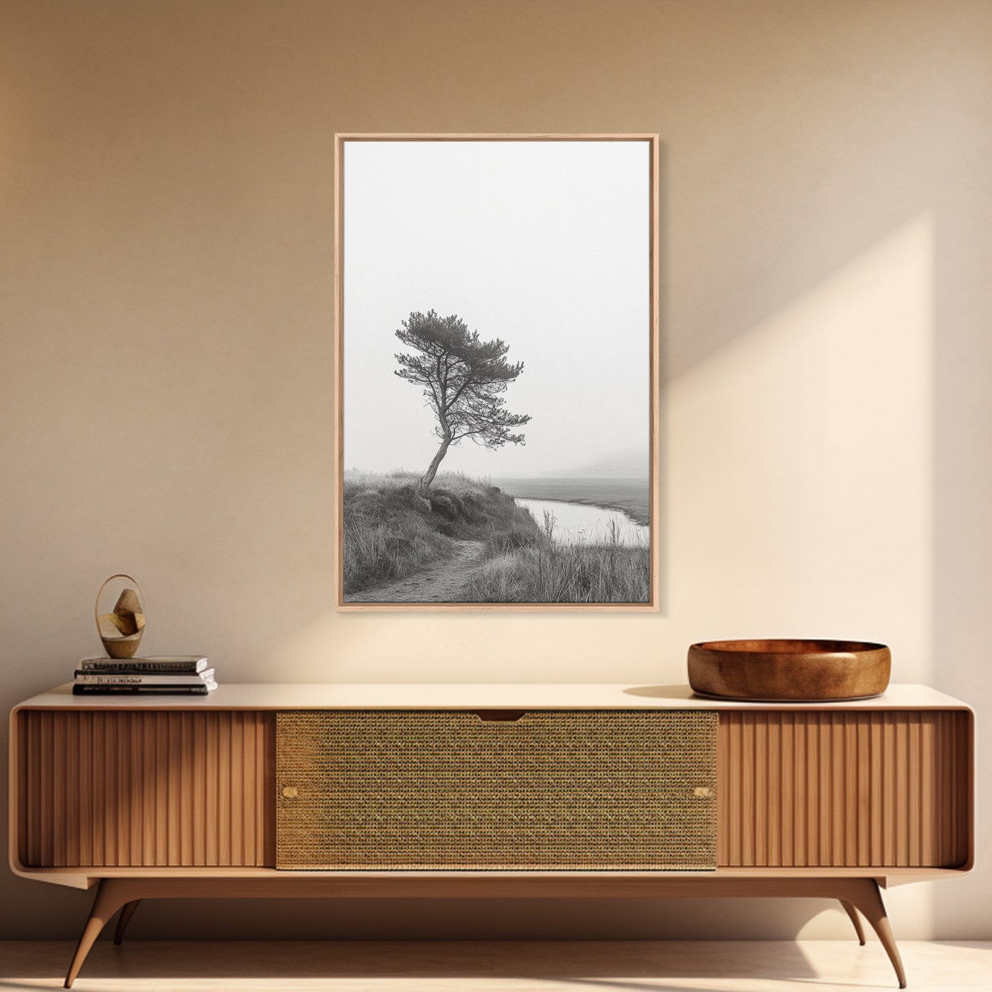 Leaning Tree Path, Soft Fog Scene, Calm Landscape, Canvas Print, Serene Entryway Wall Art, Nature Photography, Minimalist Decor
