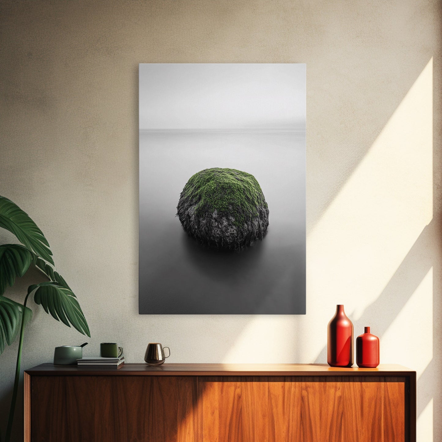 Moss Rock Minimal, Green Accent Art, Coastal Zen Decor, Framed Canvas Print, Modern Neutral Room, Nature Wall Aesthetic
