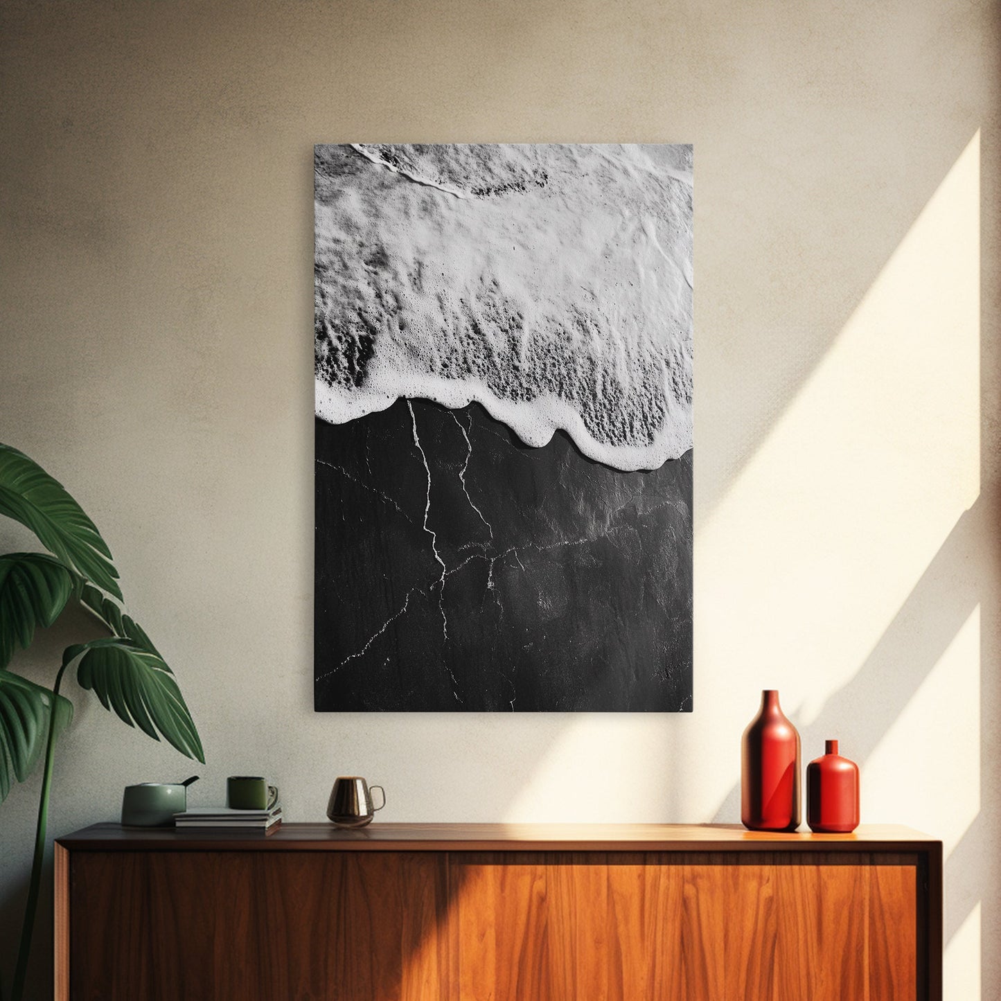 Wave Edge, Cracked Earth, Tide Meets Stone, Nature Contrast, Canvas Print, Abstract Ocean Art, Minimalist Wall Decor, Bathroom Artwork