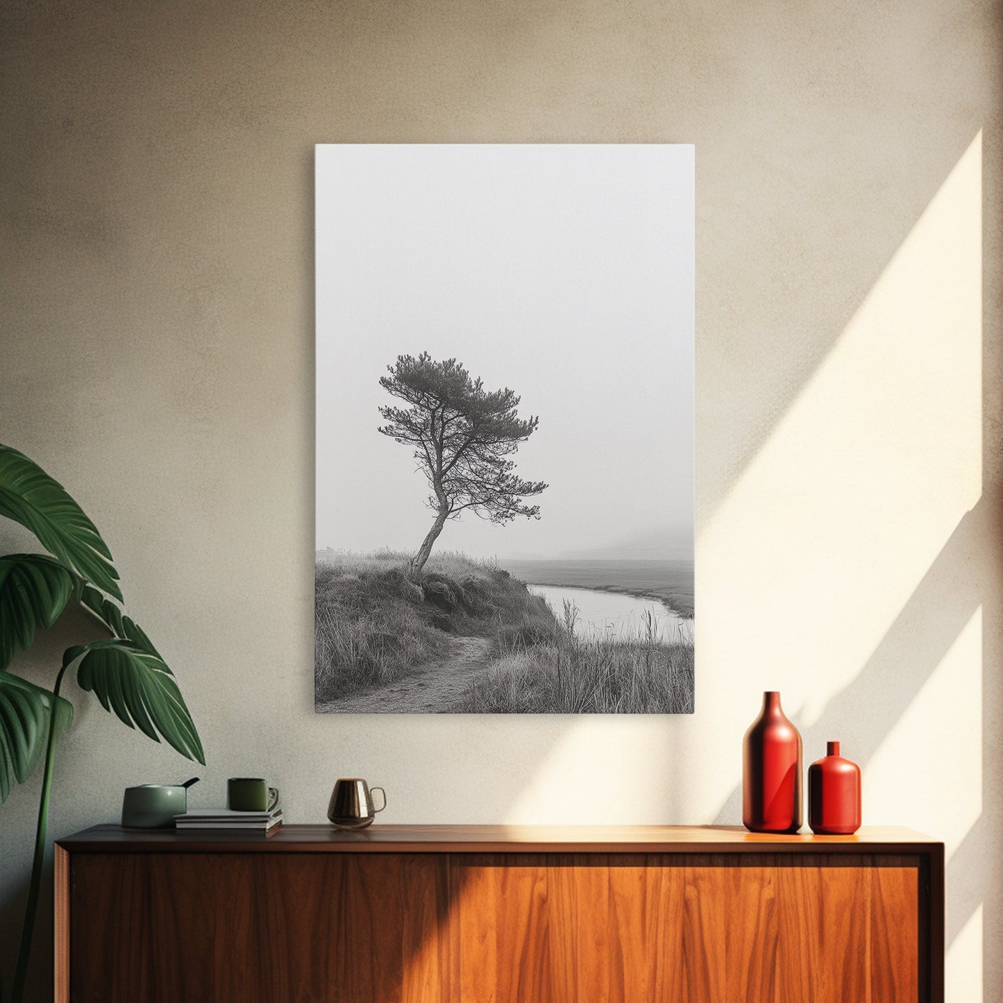 Leaning Tree Path, Soft Fog Scene, Calm Landscape, Canvas Print, Serene Entryway Wall Art, Nature Photography, Minimalist Decor