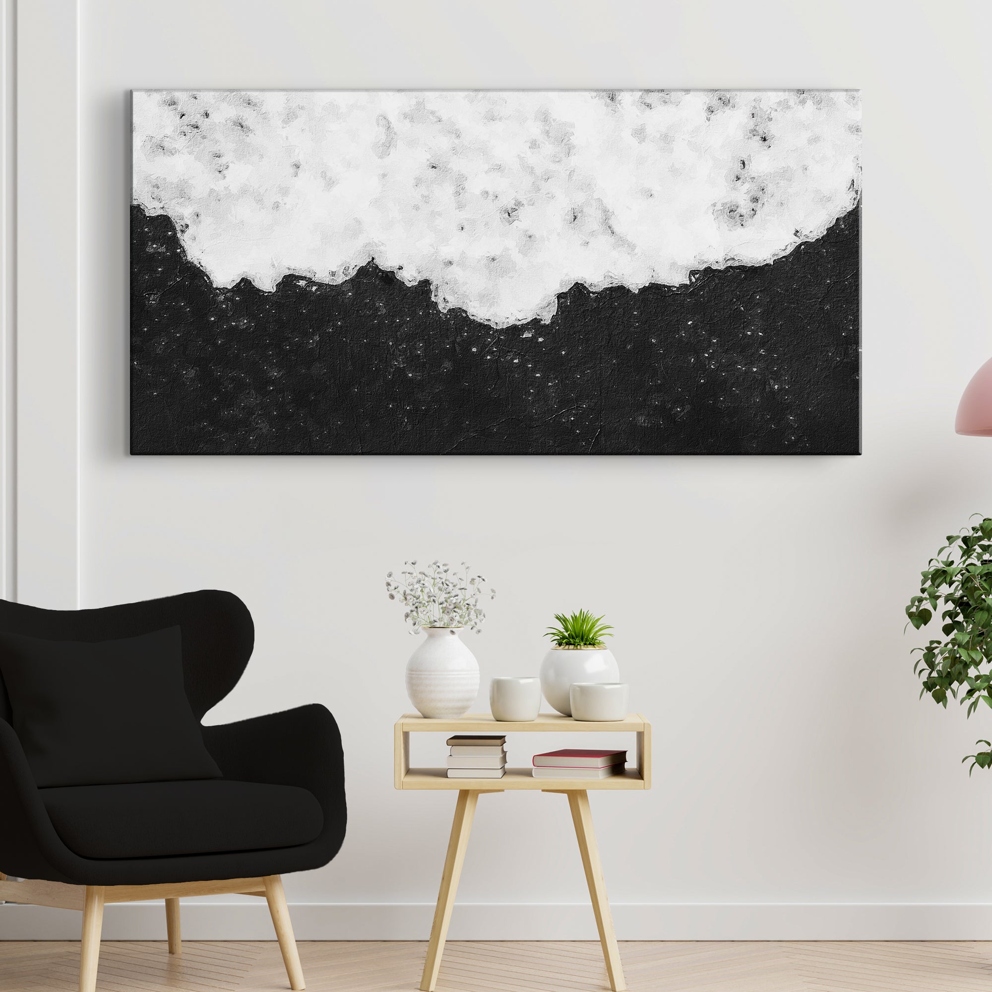 Black And White Textured Painting Canvas Wall Art 60x30 inch Extra Large Premium Gallery Wrapped