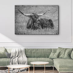 Black And White Longhorn Bull Canvas Wall Art