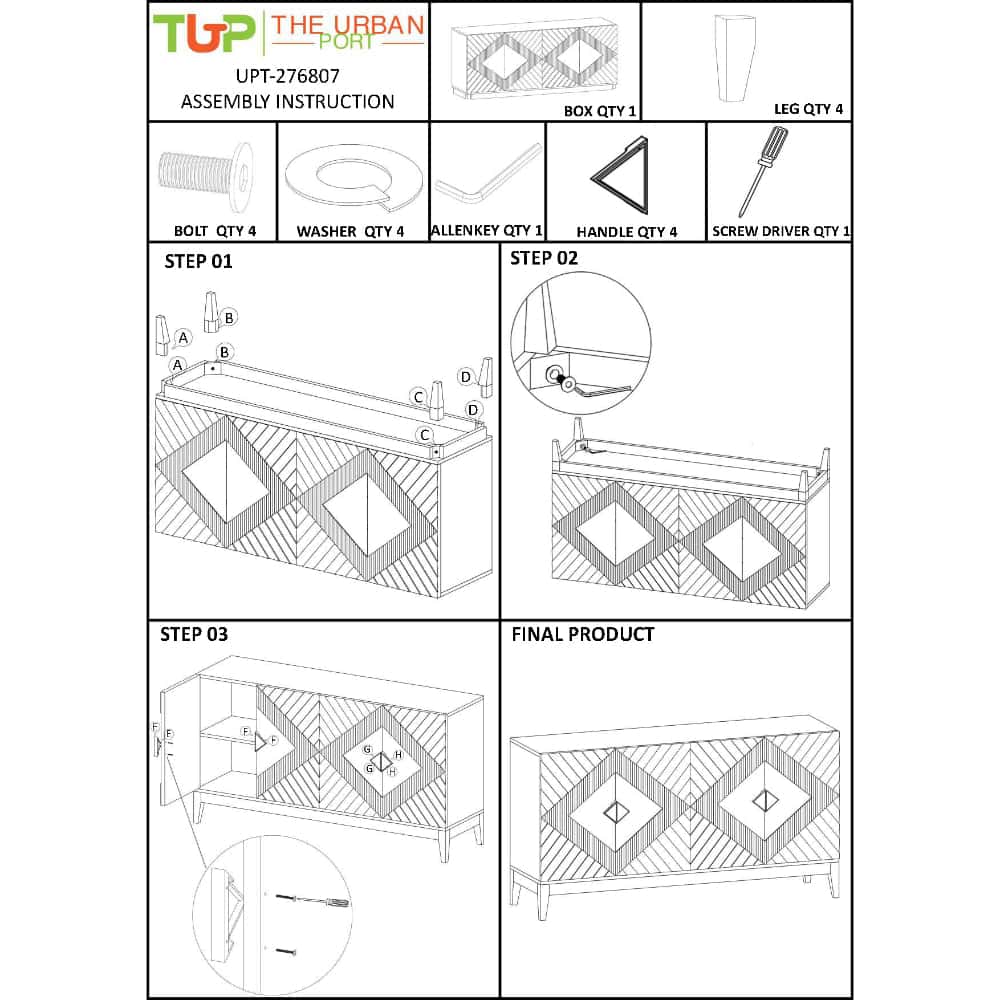 Mango Wood Sideboard Cabinet Console with Ornate Diamond Carving