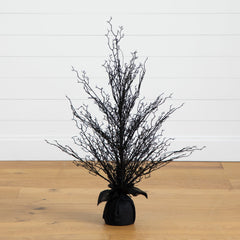 3’ Pre-Lit Halloween Black Twig Artificial Fall Tree in Burlap Planter with 42 Warm White LED Lights